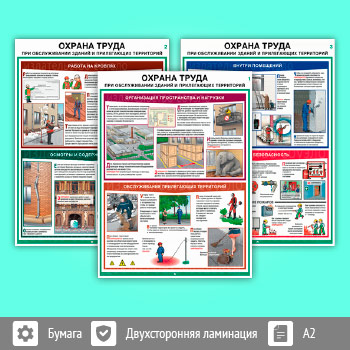 Плакаты «Охрана труда при обслуживании зданий и прилегающих территорий» (С-123, ламинированная бумага, А2, 3 листа)